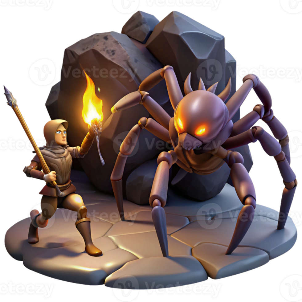 elegant rustic A fierce warrior battling a monstrous spider in a dark, cavernous lair, illuminated by the flickering light of torches, in a dynamic, action-packed style premium png