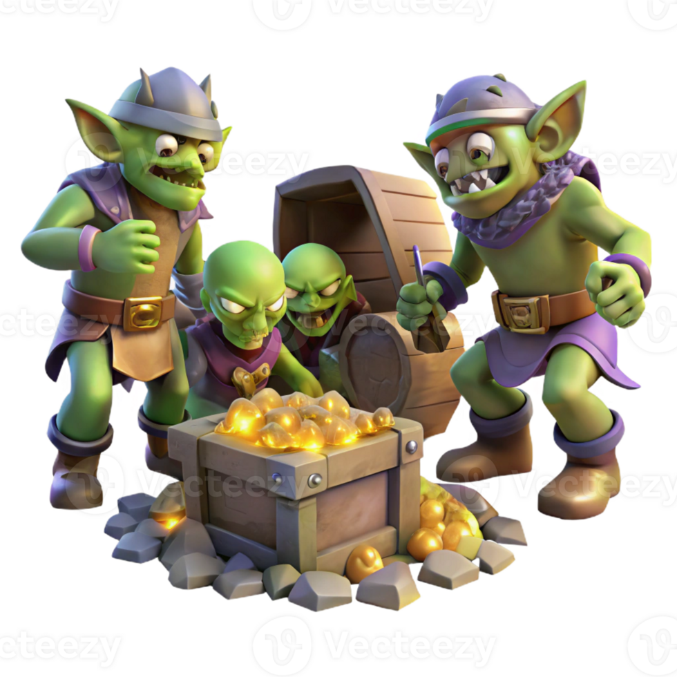 beautiful vintage A group of goblins scavenging for treasure in a dimly lit dungeon, illuminated by the glow of scattered gems, in a gritty, realistic style original png
