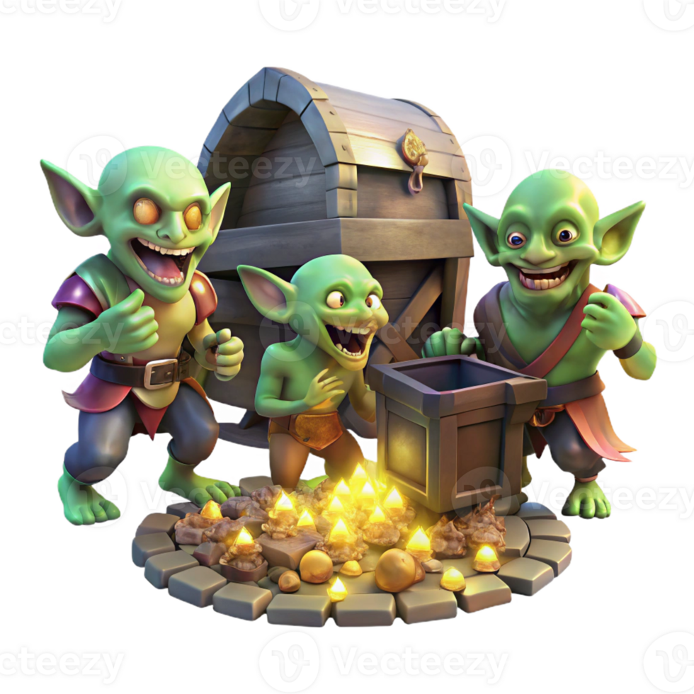 extraordinary abstract A group of goblins scavenging for treasure in a dimly lit dungeon, illuminated by the glow of scattered gems, in a gritty, realistic style high resolution png