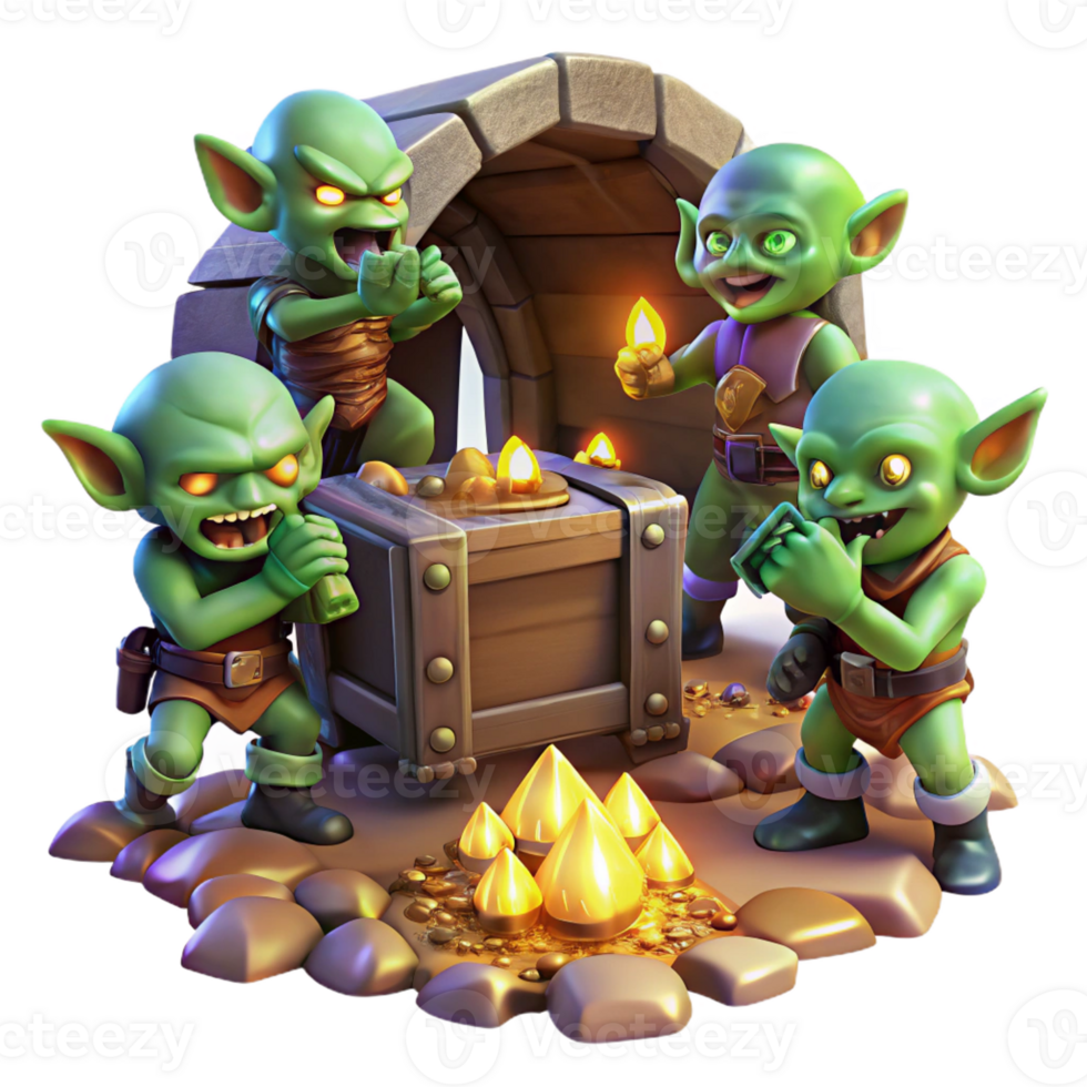 wonderful artistic A group of goblins scavenging for treasure in a dimly lit dungeon, illuminated by the glow of scattered gems, in a gritty, realistic style authentic png