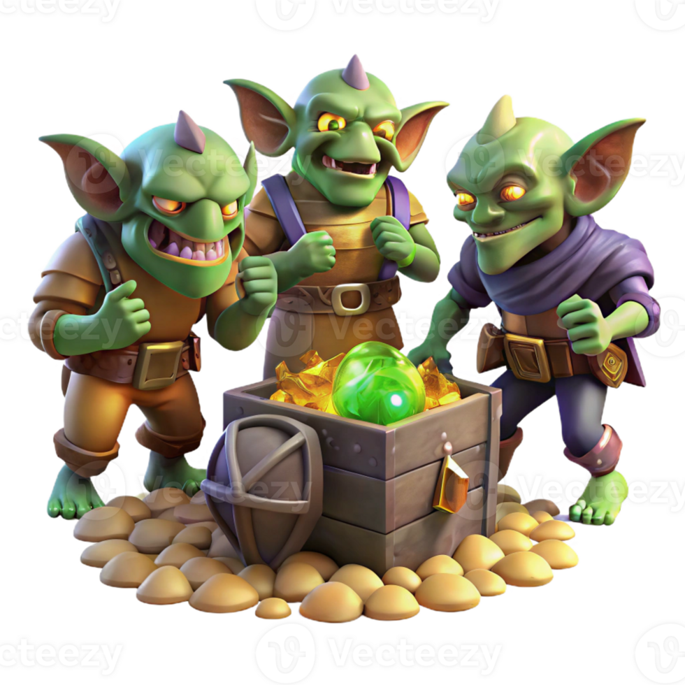 extraordinary contemporary A group of goblins scavenging for treasure in a dimly lit dungeon, illuminated by the glow of scattered gems, in a gritty, realistic style genuine png