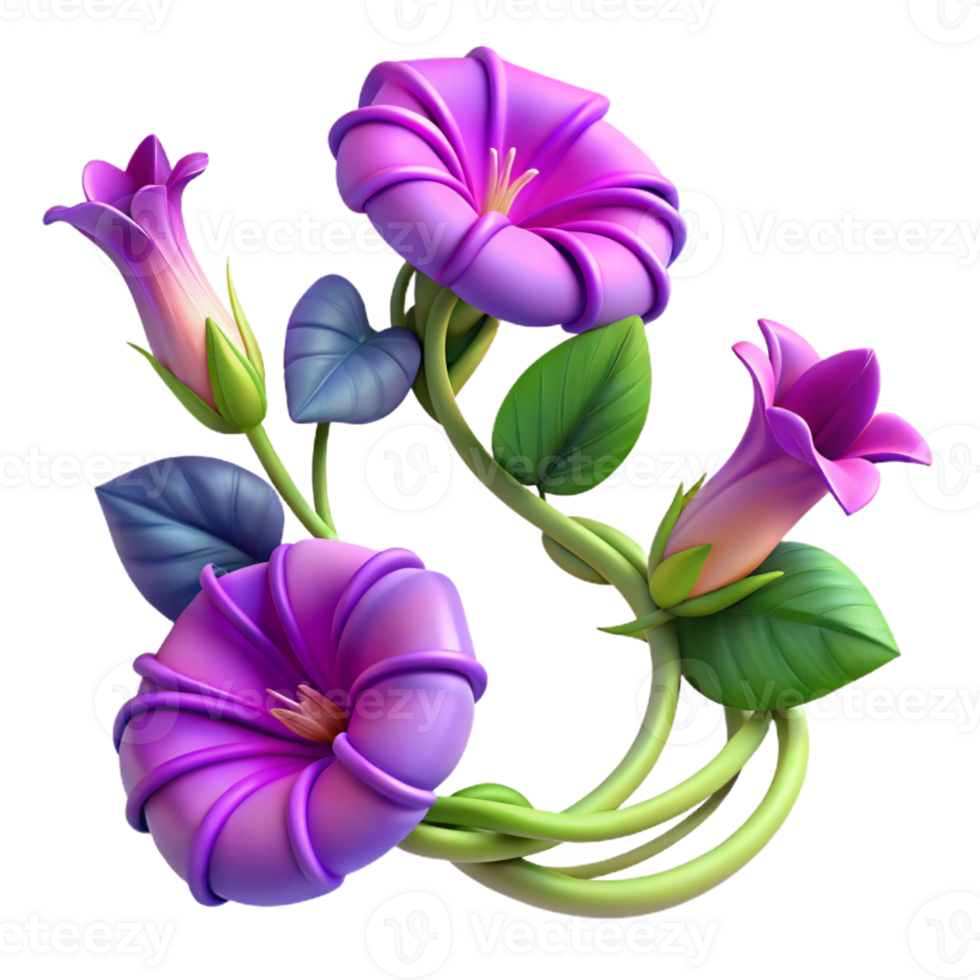elegant abstract A spiraling vine of morning glories, vibrant purple and pink blossoms, art nouveau style, soft diffused light premium png