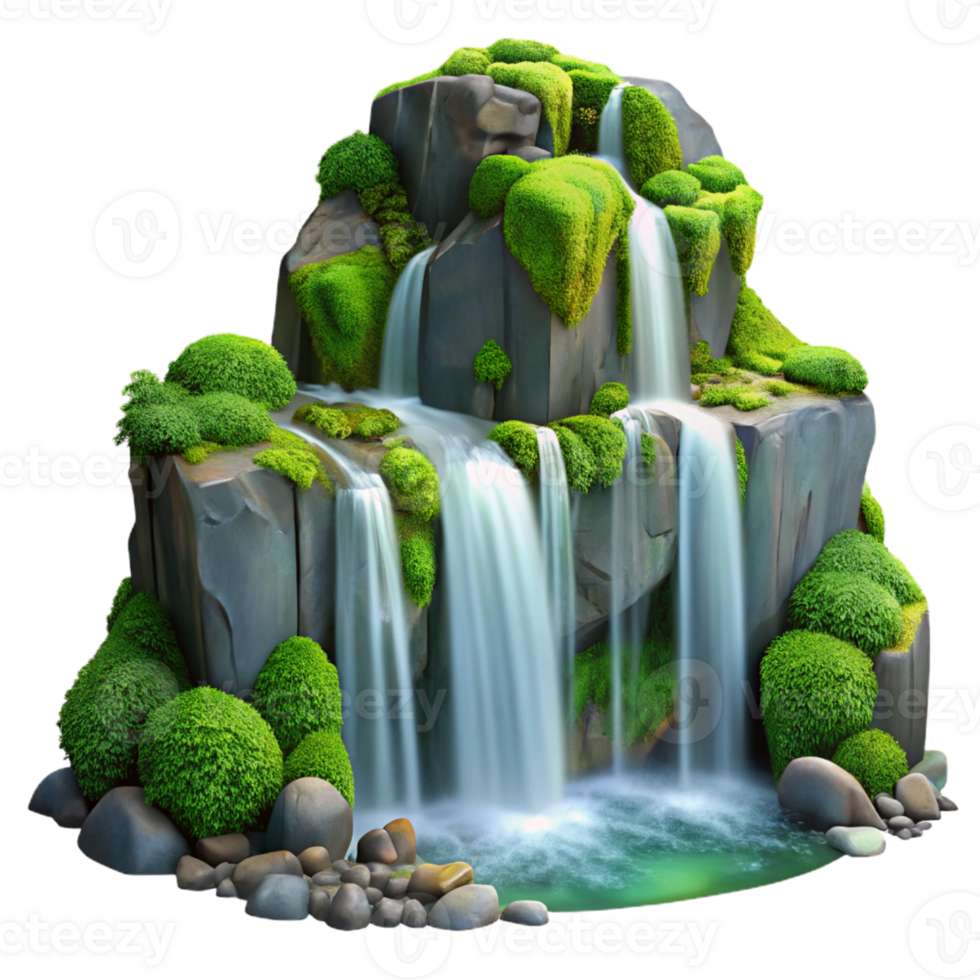 elegant traditional A cascading waterfall, crystal clear water, lush green moss-covered rocks, long exposure photography 4K png
