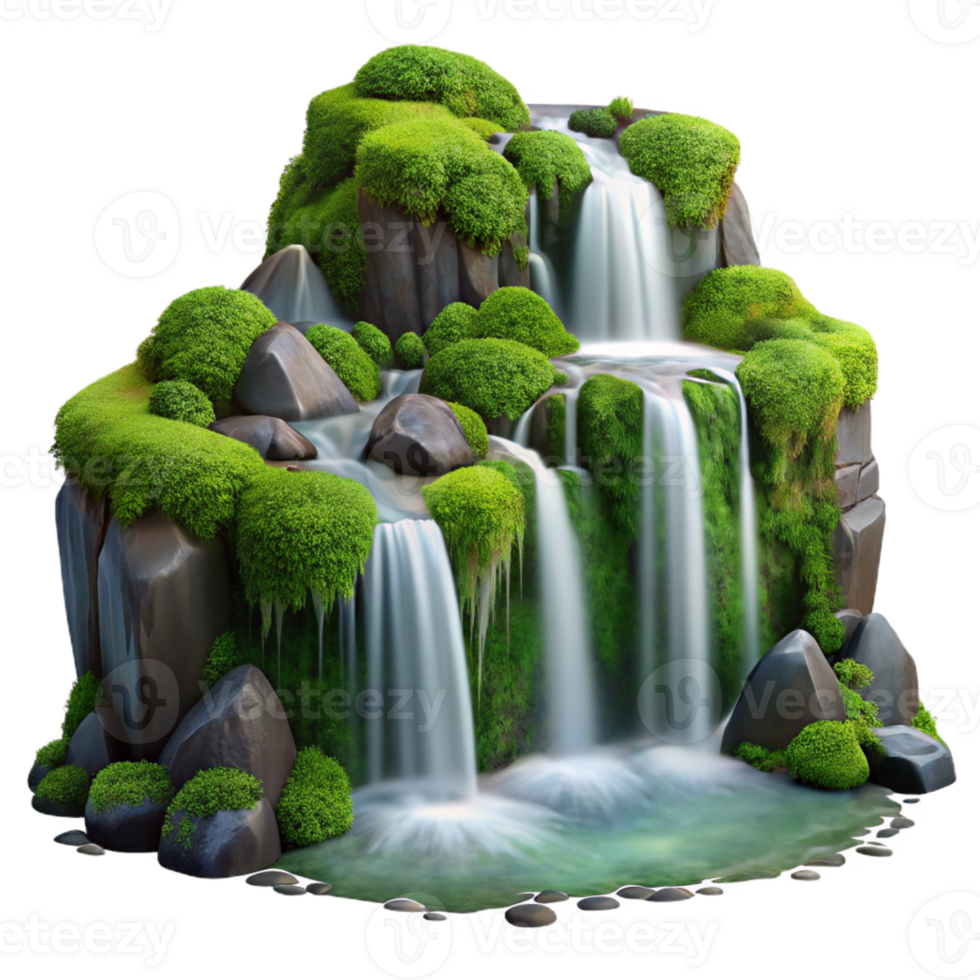 beautiful creative A cascading waterfall, crystal clear water, lush green moss-covered rocks, long exposure photography high resolution png