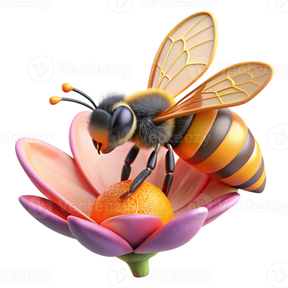 impressive modern A close-up of a bee collecting pollen from a flower, detailed textures, vibrant colors, macro photography genuine png