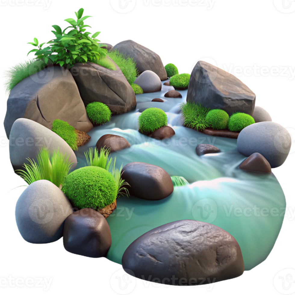 elegant abstract A babbling brook flowing over smooth stones, clear water, lush green vegetation, long exposure photography original png