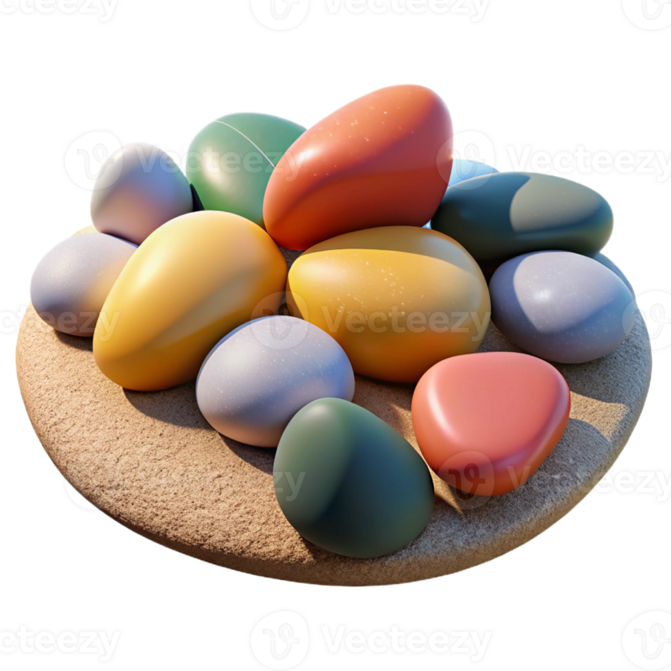 serene artistic A group of pebbles on a beach, smooth textures, various colors, close-up photography high quality png