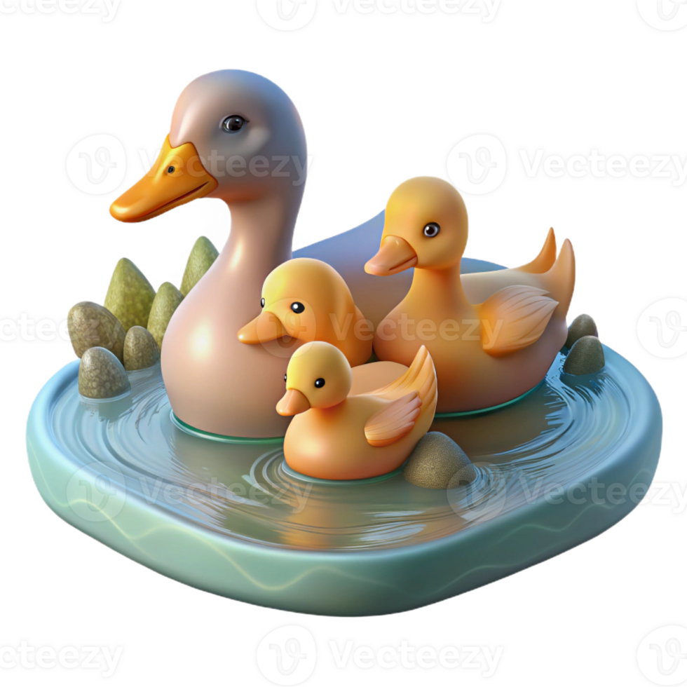elegant traditional A family of ducks swimming in a pond, peaceful setting, soft lighting, impressionist painting style professional png