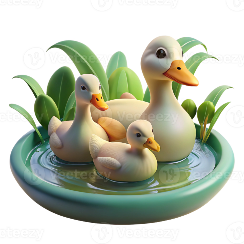 impressive classic A family of ducks swimming in a pond, peaceful setting, soft lighting, impressionist painting style professional png