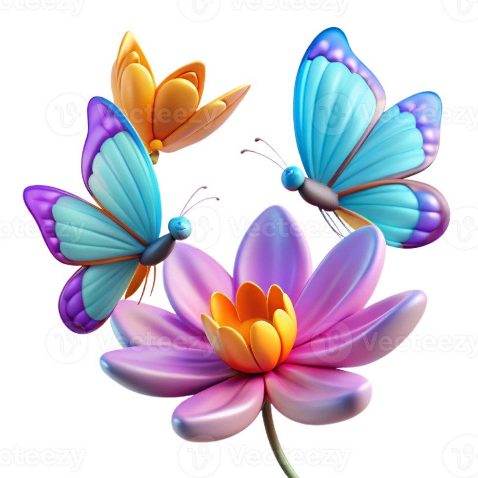 dramatic creative A group of butterflies fluttering around a flower, vibrant colors, soft focus, photography style original png
