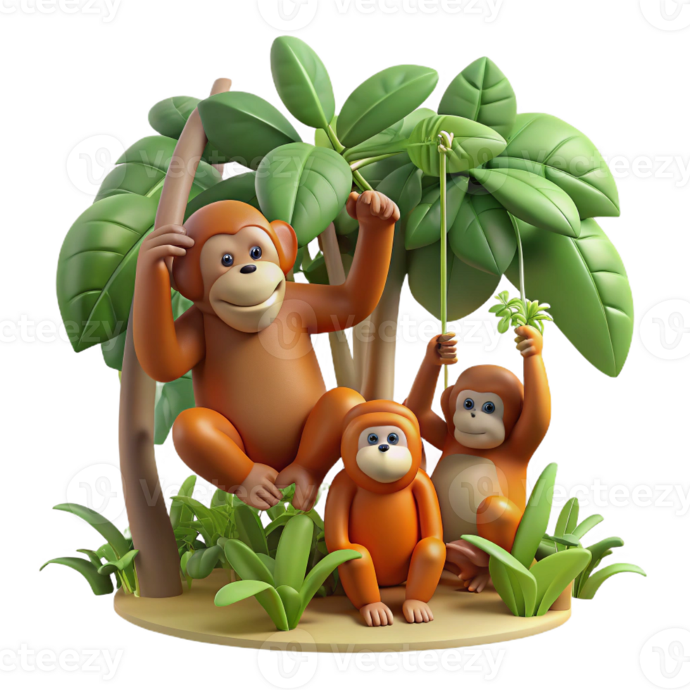 serene traditional A family of orangutans swinging through the trees, jungle setting, dynamic lighting, photography style professional png