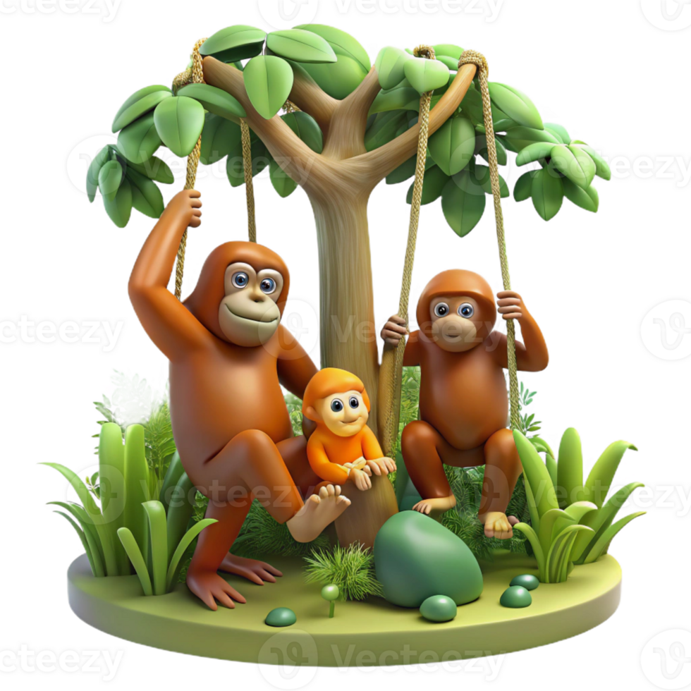 stunning creative A family of orangutans swinging through the trees, jungle setting, dynamic lighting, photography style authentic png