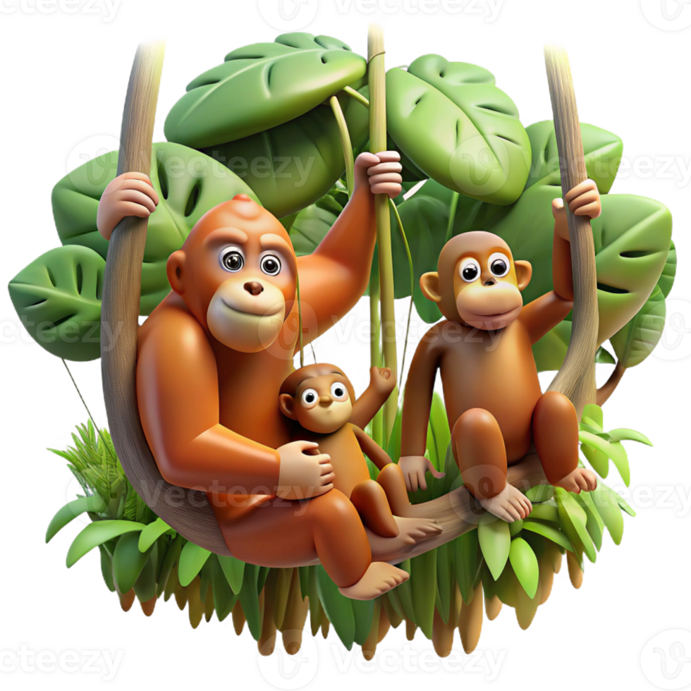 stunning creative A family of orangutans swinging through the trees, jungle setting, dynamic lighting, photography style genuine png