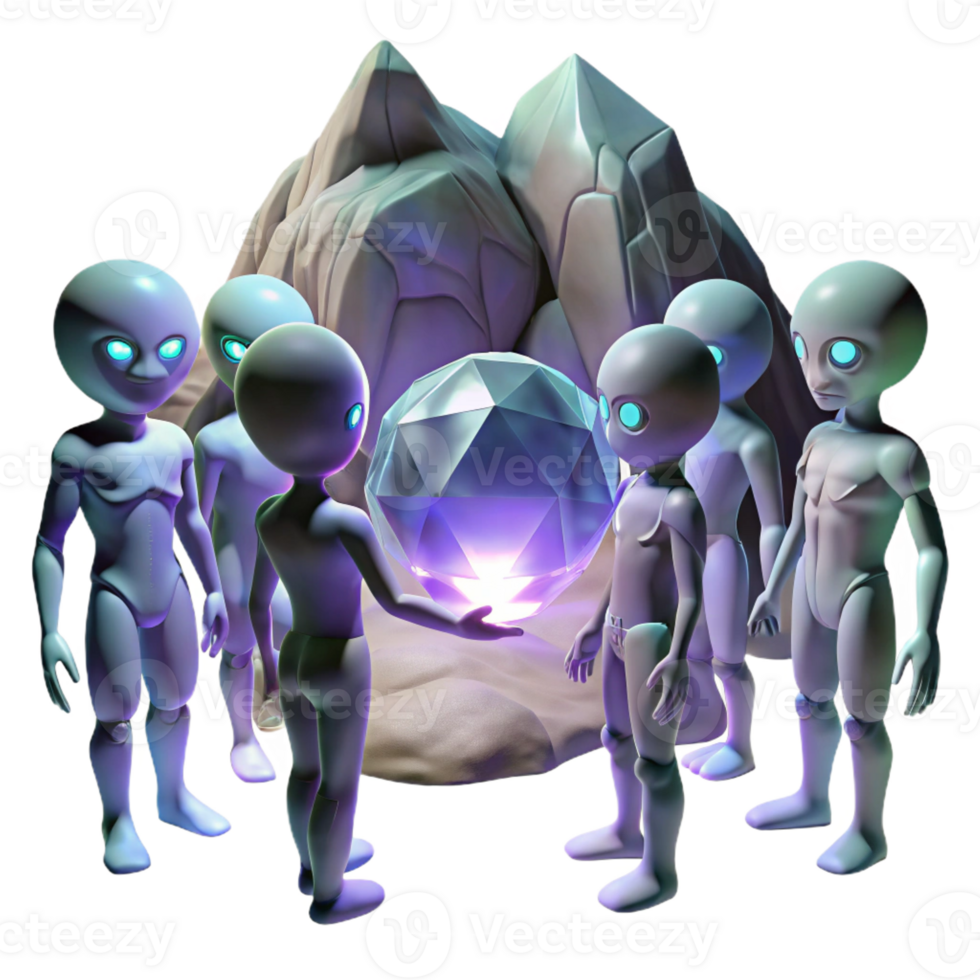 magnificent classic A group of humanoid aliens with iridescent skin, gathered around a glowing crystal orb, in a dimly lit cavern. Fantasy style, ambient lighting detailed png