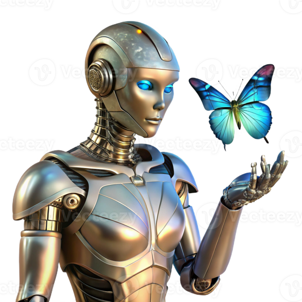 elegant contemporary A cyborg with intricate mechanical augmentations, gazing pensively at a shimmering, holographic butterfly. Steampunk style, soft lighting high quality png