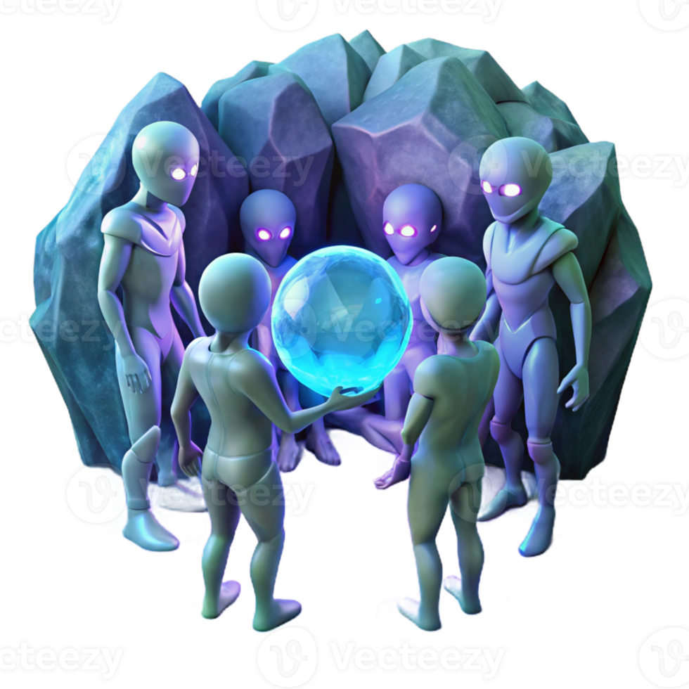 elegant abstract A group of humanoid aliens with iridescent skin, gathered around a glowing crystal orb, in a dimly lit cavern. Fantasy style, ambient lighting high quality png