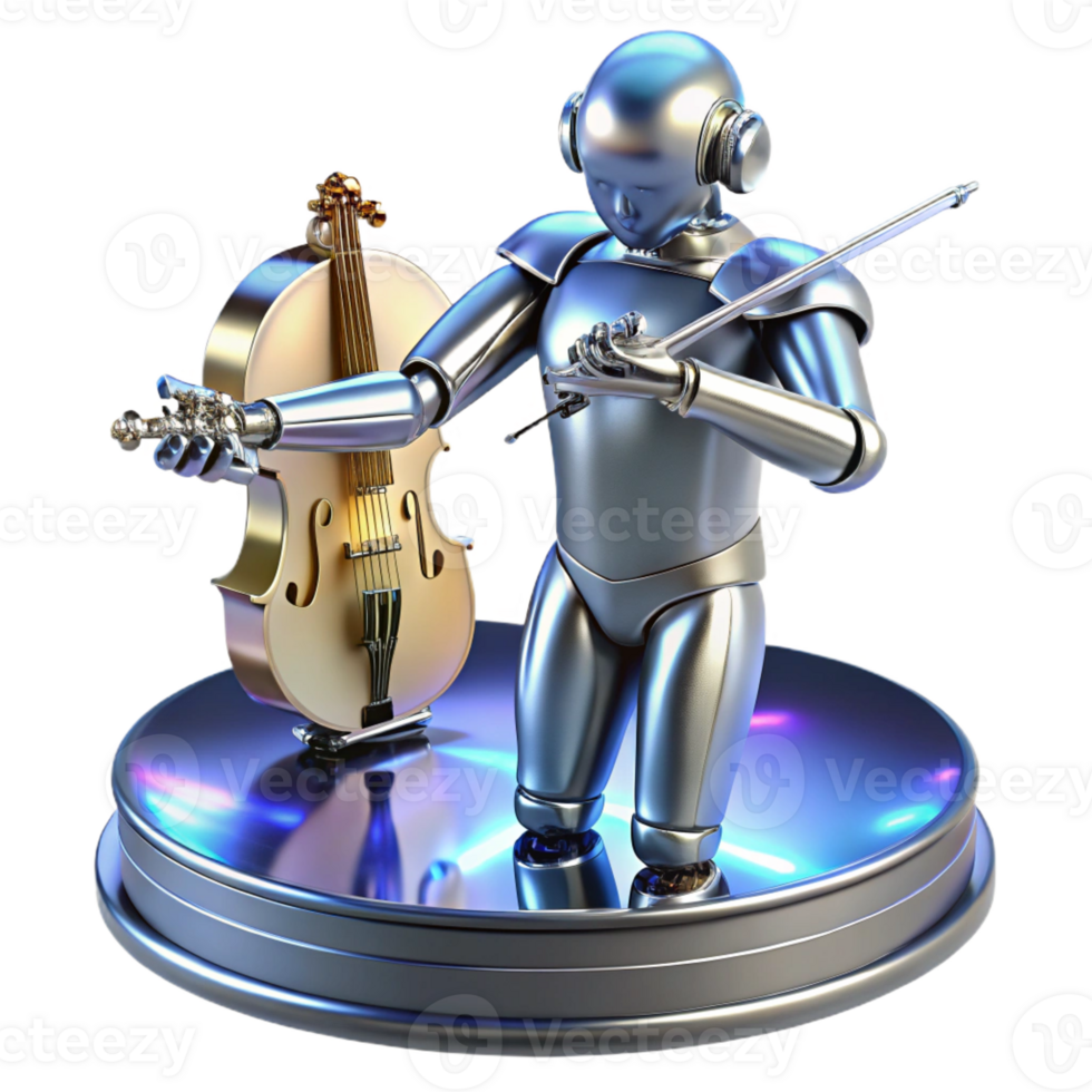 wonderful classic A chrome-plated robot, playing a holographic violin, in a futuristic concert hall. Art deco style, dramatic lighting original png
