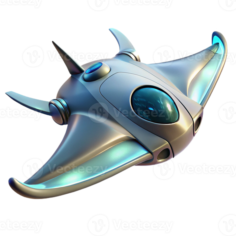 impressive modern A futuristic vehicle, resembling a manta ray, gliding through the air above a futuristic city. Biopunk style, soft lighting original png