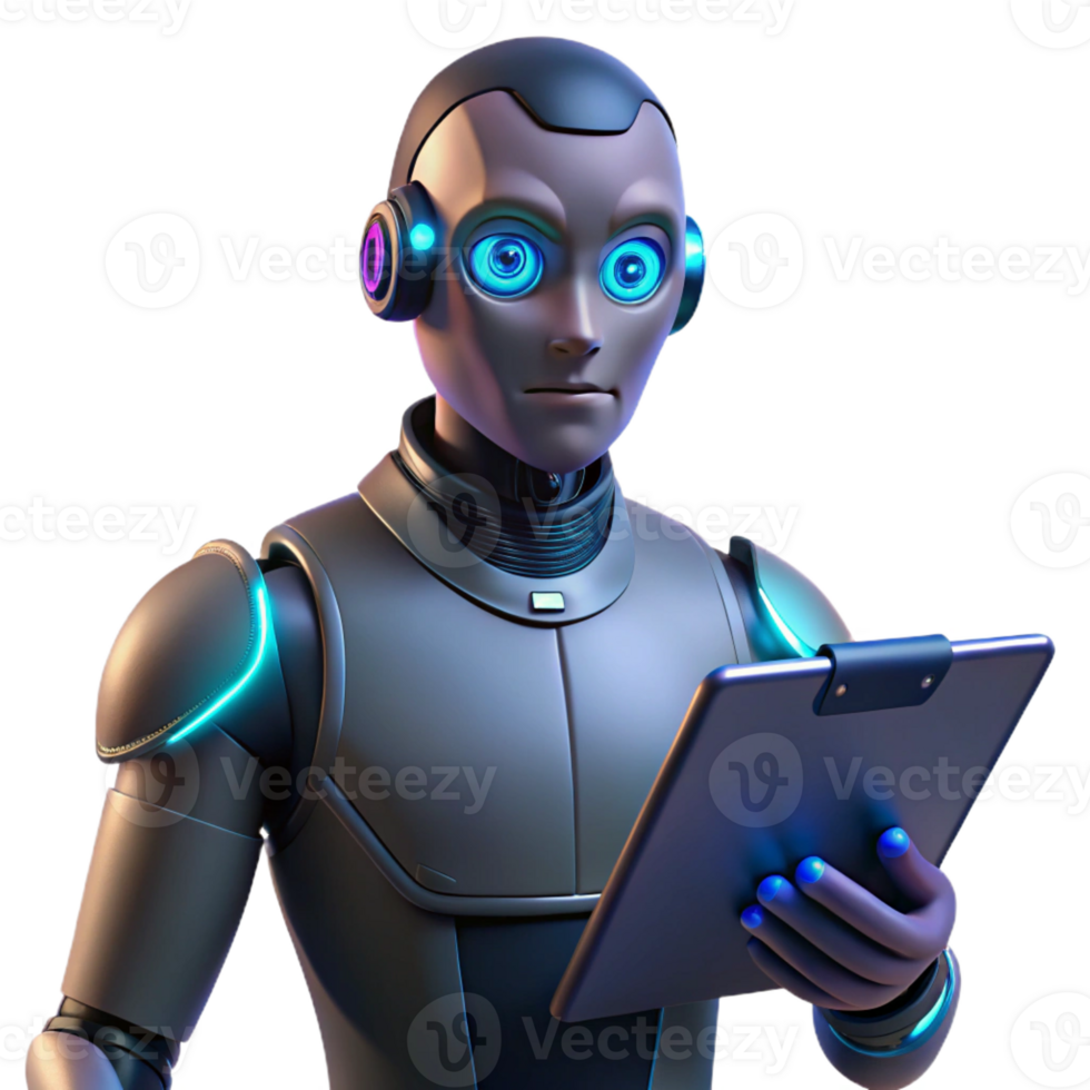 serene artistic A cyborg with glowing eyes, holding a futuristic data pad. Tech noir style, low-key lighting authentic png