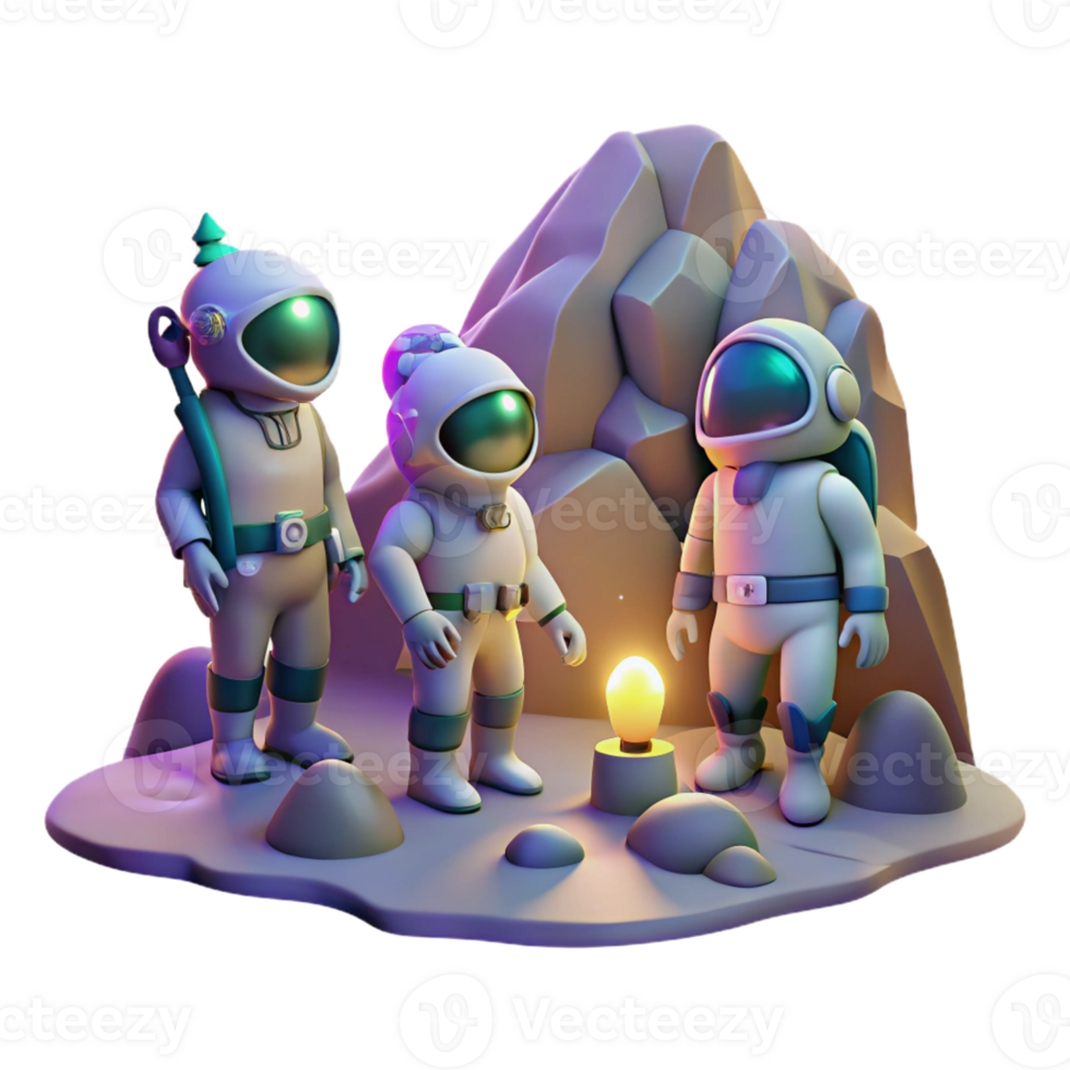 serene abstract A group of astronauts, exploring a cave on an alien planet, illuminated by their headlamps. Realistic style, dynamic lighting professional png