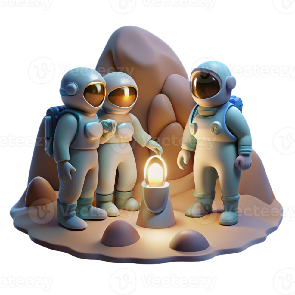 elegant rustic A group of astronauts, exploring a cave on an alien planet, illuminated by their headlamps. Realistic style, dynamic lighting detailed png