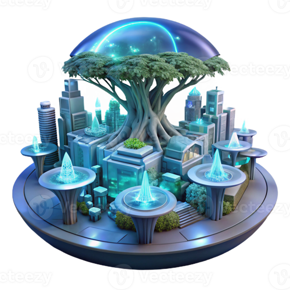 vibrant creative A futuristic city, built within a giant, bioluminescent tree. Biopunk style, ambient lighting authentic png