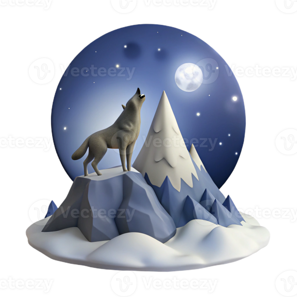 vibrant contemporary A lone wolf howling at the moon on a snow-covered mountain peak, under a starry night sky, in a dramatic, painterly style high resolution png