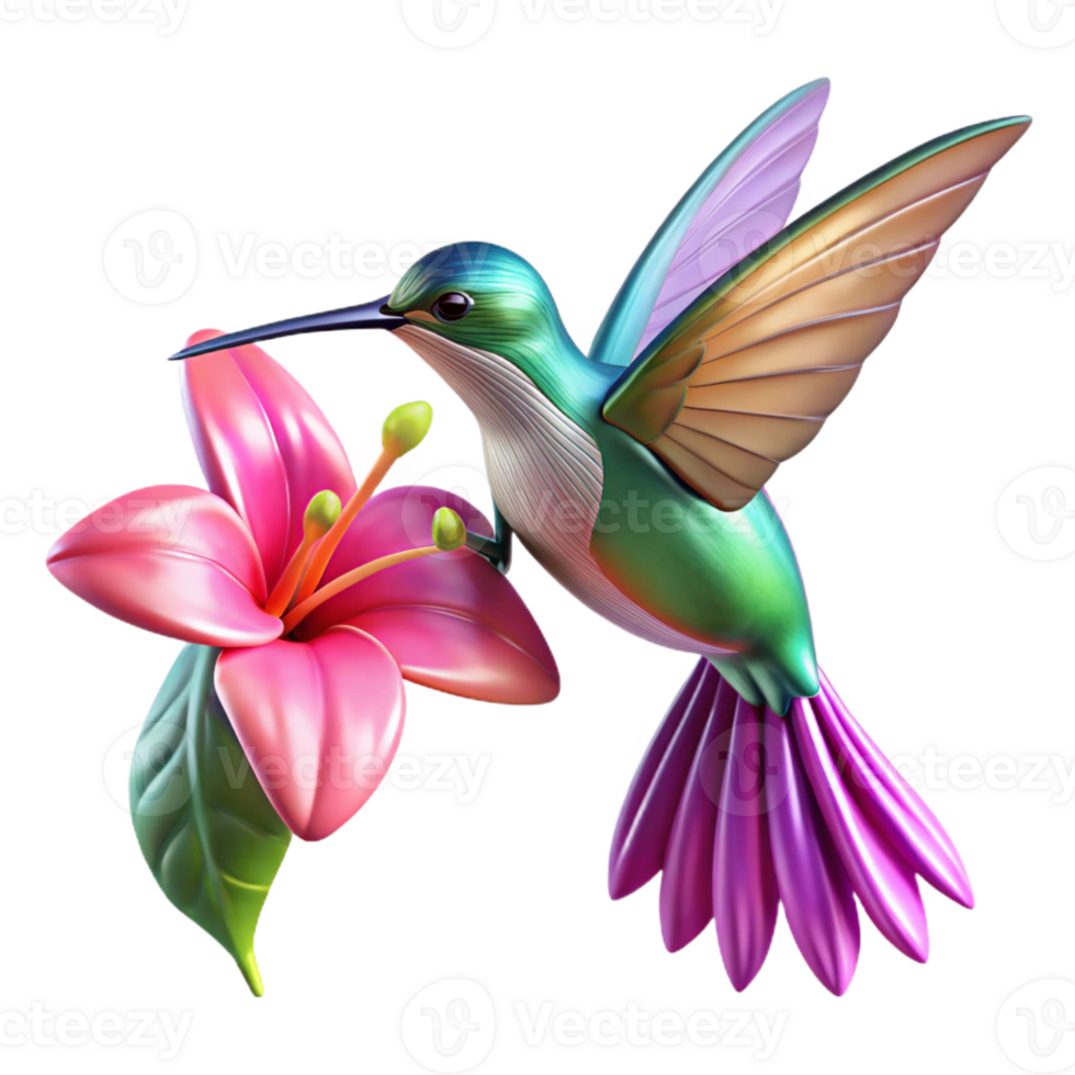 serene traditional A hummingbird hovering near a vibrant fuchsia flower, with iridescent wings catching the light, in a photorealistic macro style high quality png