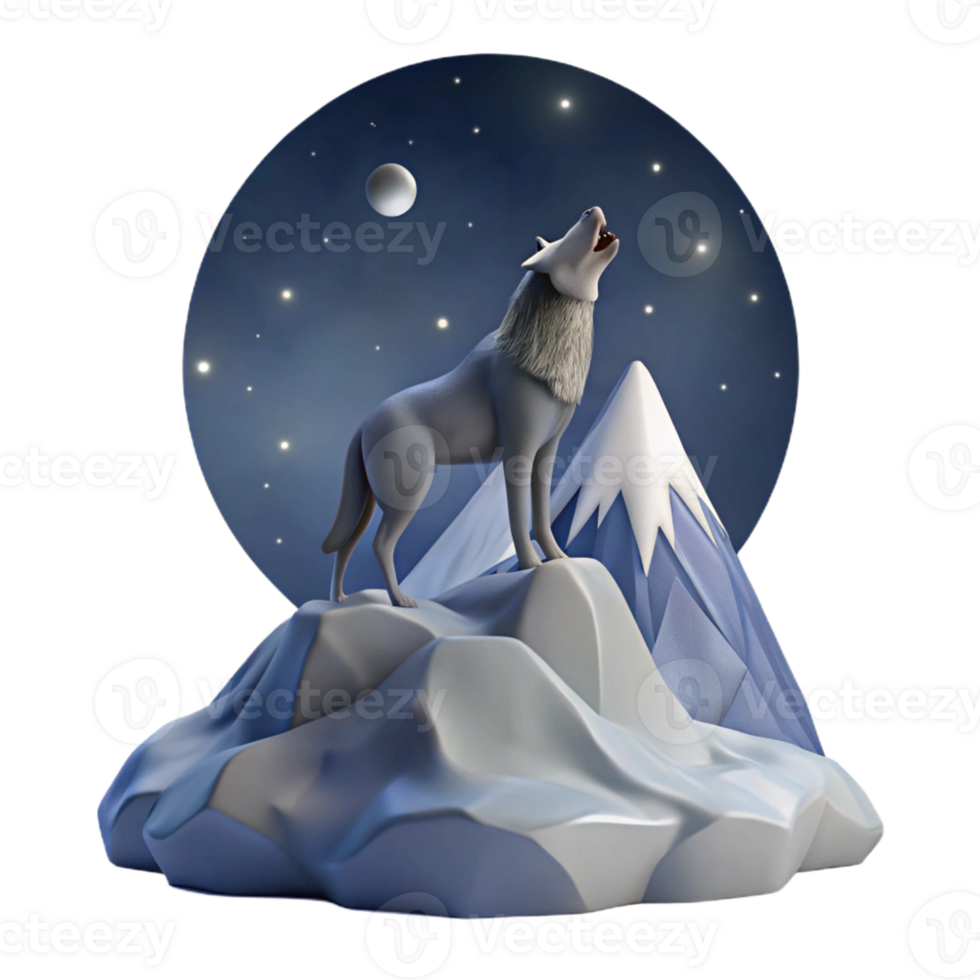 extraordinary classic A lone wolf howling at the moon on a snow-covered mountain peak, under a starry night sky, in a dramatic, painterly style high quality png