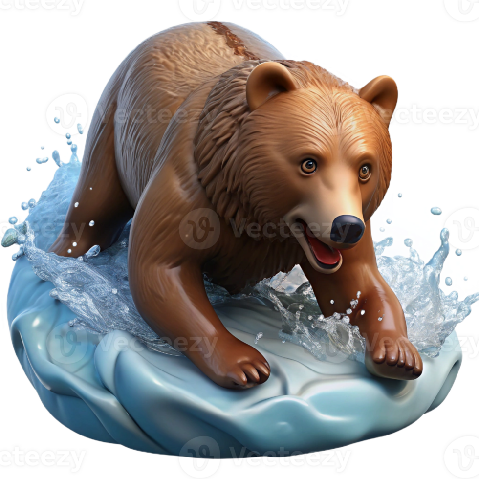 magnificent abstract A grizzly bear fishing for salmon in a rushing river, with water droplets splashing around it, in a dynamic, realistic style high resolution png