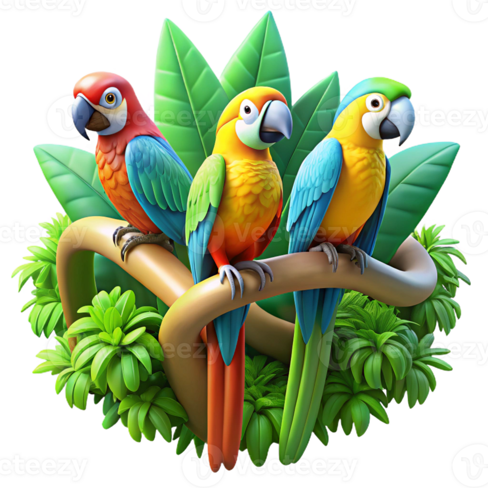 impressive rustic A group of colorful macaws perched on a rainforest branch, surrounded by lush vegetation, in a vibrant, impressionistic style professional png