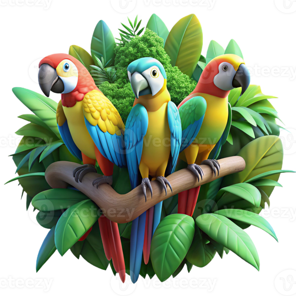 serene artistic A group of colorful macaws perched on a rainforest branch, surrounded by lush vegetation, in a vibrant, impressionistic style high quality png