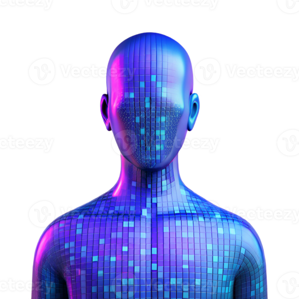 elegant creative A human silhouette merging with digital code, bright blue and purple hues, abstract art style exclusive png