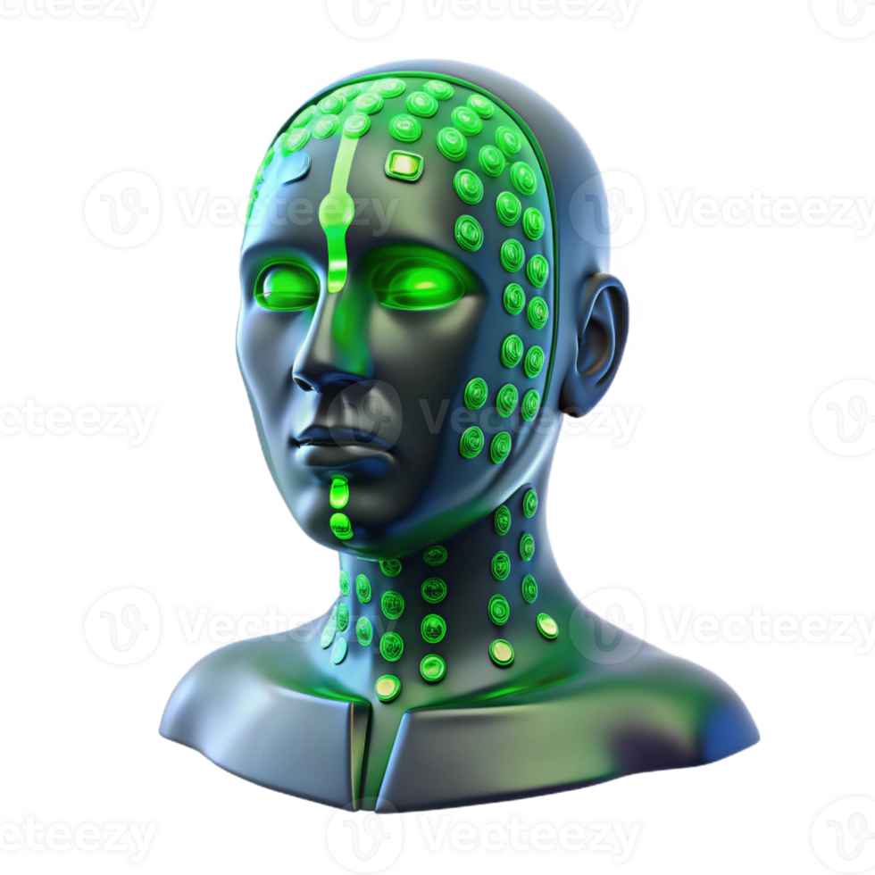 magnificent vintage A transparent human head filled with binary code, neon green light, futuristic style high quality png