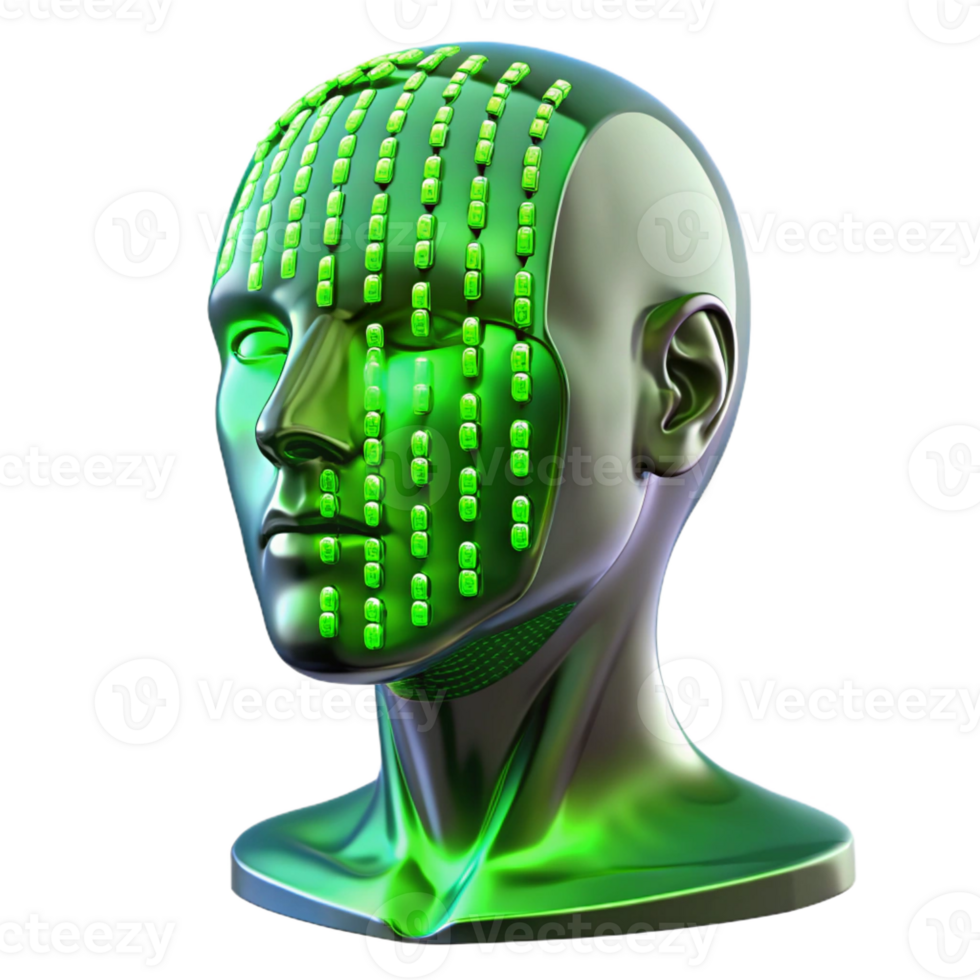 extraordinary abstract A transparent human head filled with binary code, neon green light, futuristic style high resolution png