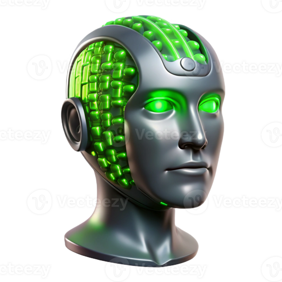 serene rustic A transparent human head filled with binary code, neon green light, futuristic style detailed png