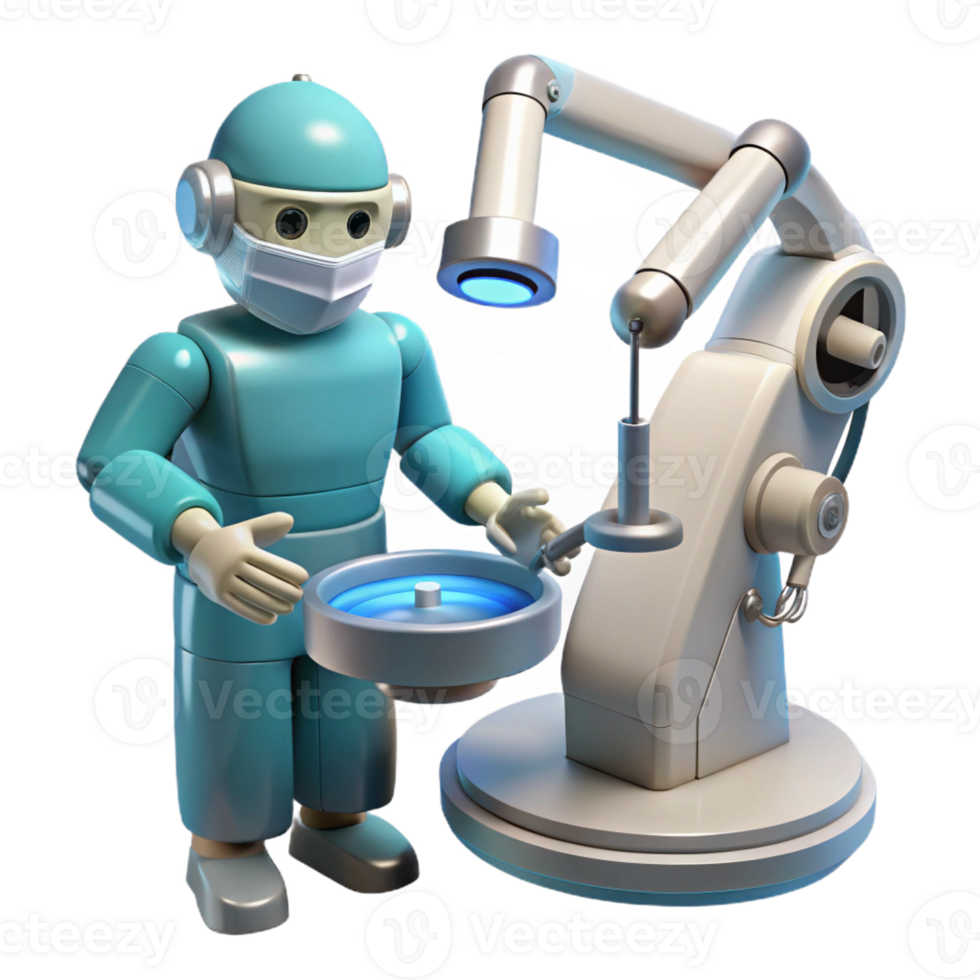 serene classic A robotic surgeon performing a delicate operation, sterile white light, medical illustration style high resolution png