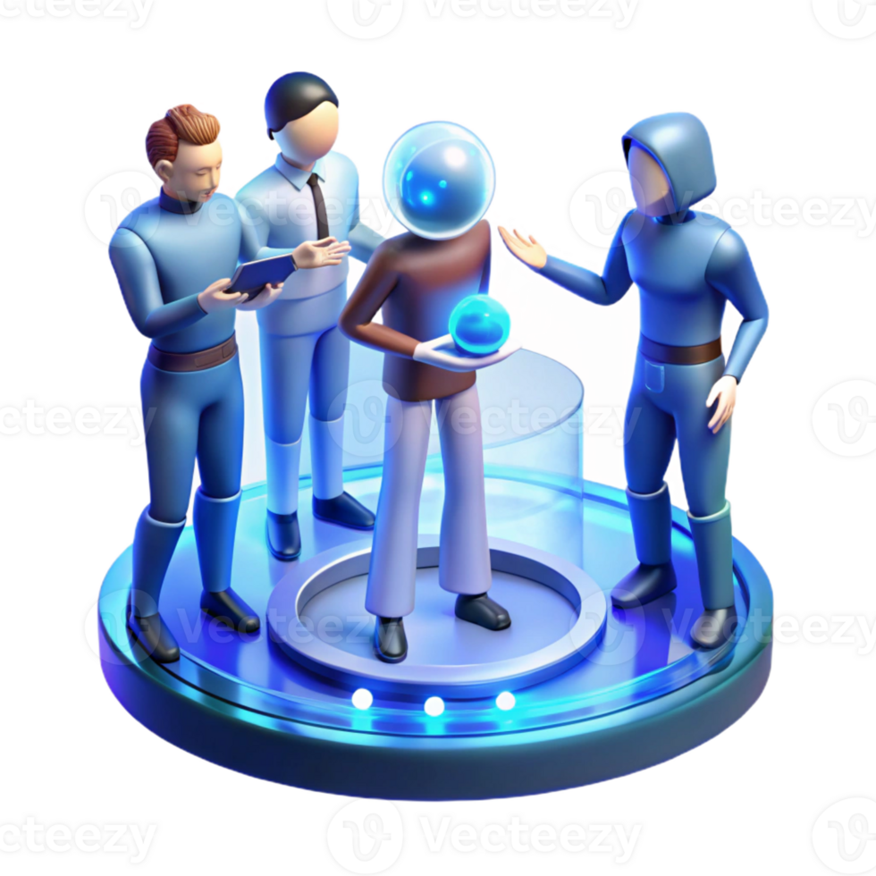 dramatic artistic A group of people interacting with a holographic interface, blue and white light, futuristic style high quality png