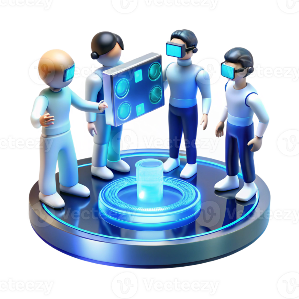 elegant minimalist A group of people interacting with a holographic interface, blue and white light, futuristic style original png