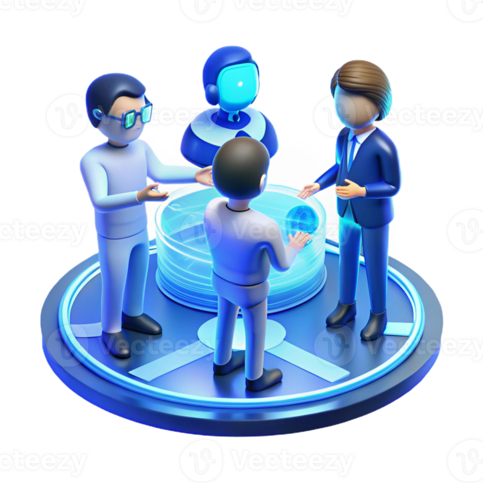 serene vintage A group of people interacting with a holographic interface, blue and white light, futuristic style original png