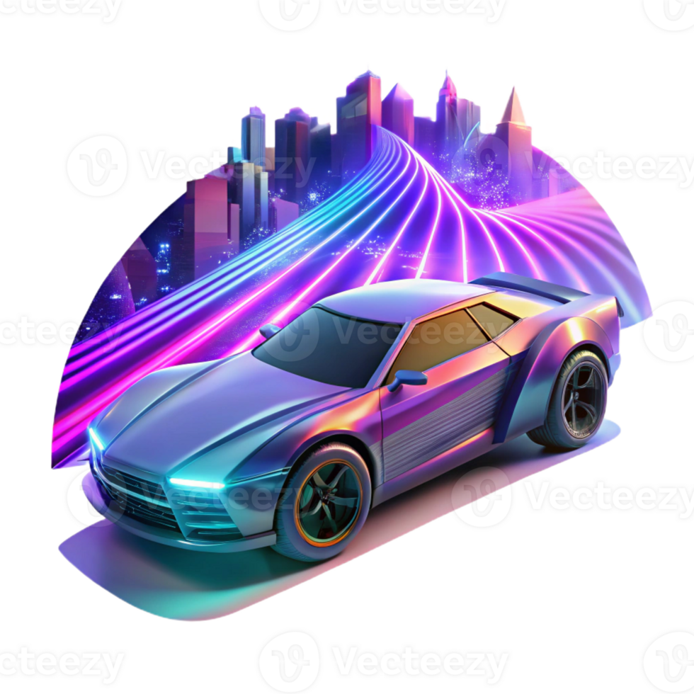 dramatic traditional A futuristic car speeding through a digital landscape, vibrant neon streaks, cyberpunk style high resolution png