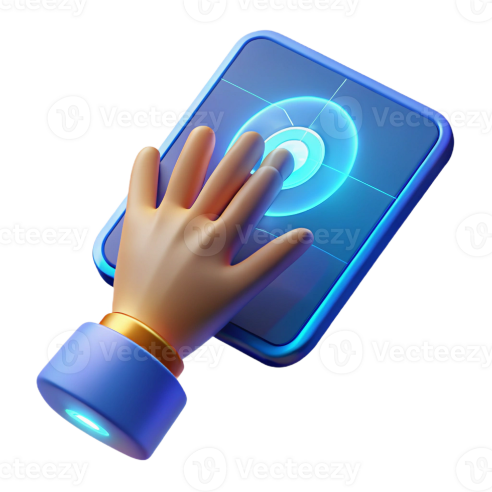 impressive creative A human hand reaching out to touch a holographic screen, soft blue light, futuristic style premium png