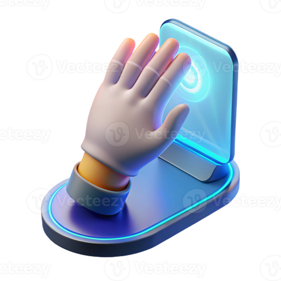 magnificent minimalist A human hand reaching out to touch a holographic screen, soft blue light, futuristic style original png