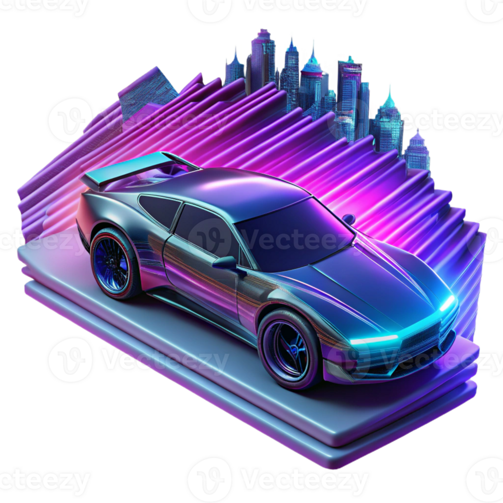 serene contemporary A futuristic car speeding through a digital landscape, vibrant neon streaks, cyberpunk style authentic png