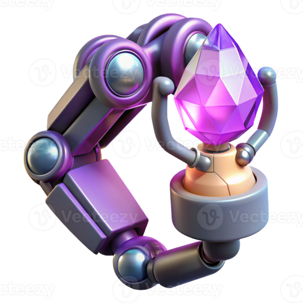 vibrant creative A robotic arm holding a glowing crystal, soft purple light, fantasy style exclusive png