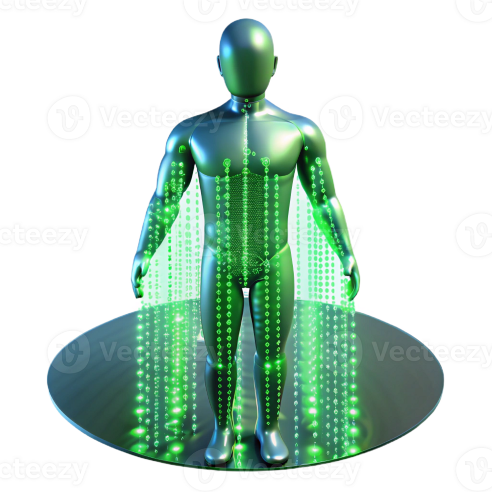 vibrant creative A stream of binary code flowing through a transparent human figure, neon green light, futuristic style authentic png