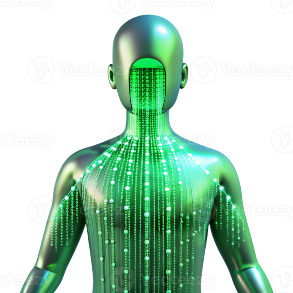 magnificent minimalist A stream of binary code flowing through a transparent human figure, neon green light, futuristic style high resolution png