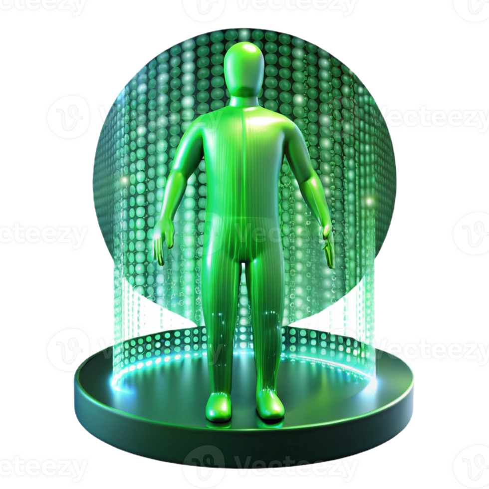wonderful contemporary A stream of binary code flowing through a transparent human figure, neon green light, futuristic style high quality png
