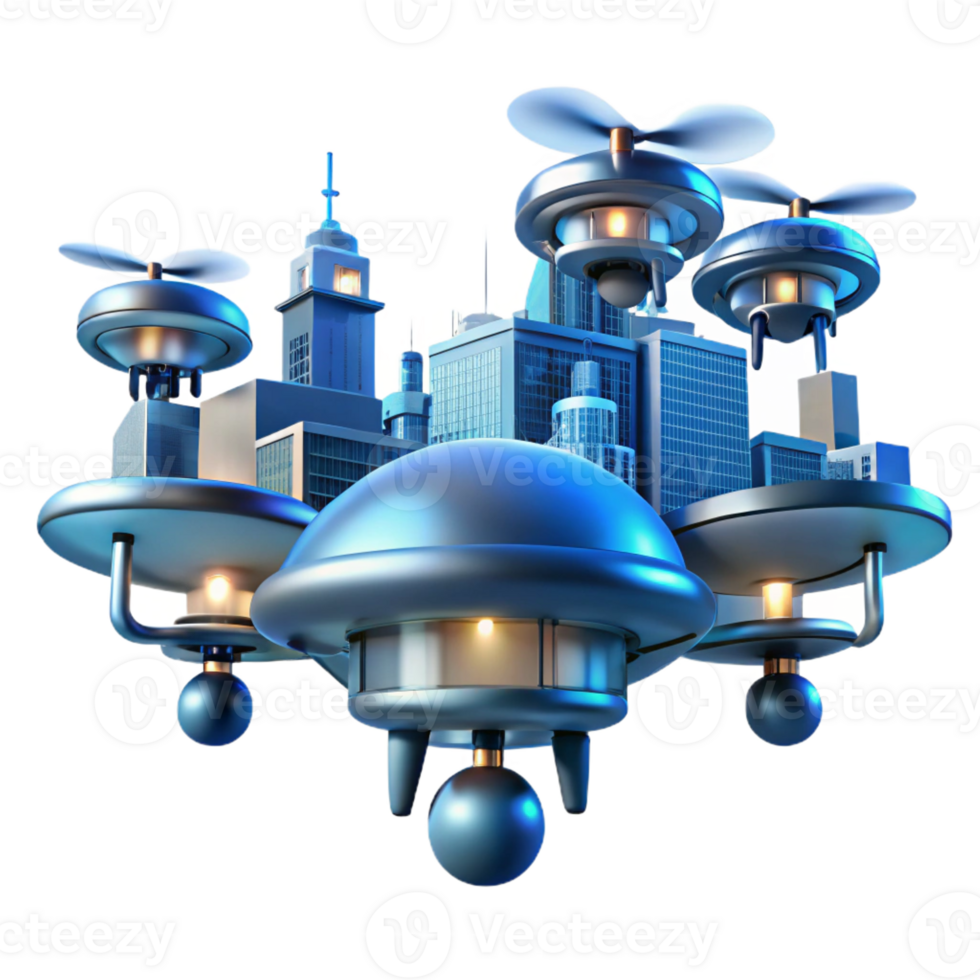 vibrant classic A group of drones flying in formation, city lights below, futuristic style high resolution png