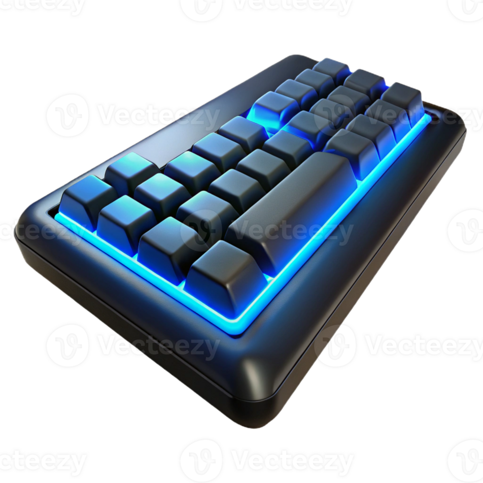 dramatic contemporary A futuristic keyboard with glowing keys, sleek black design, blue backlighting exclusive png